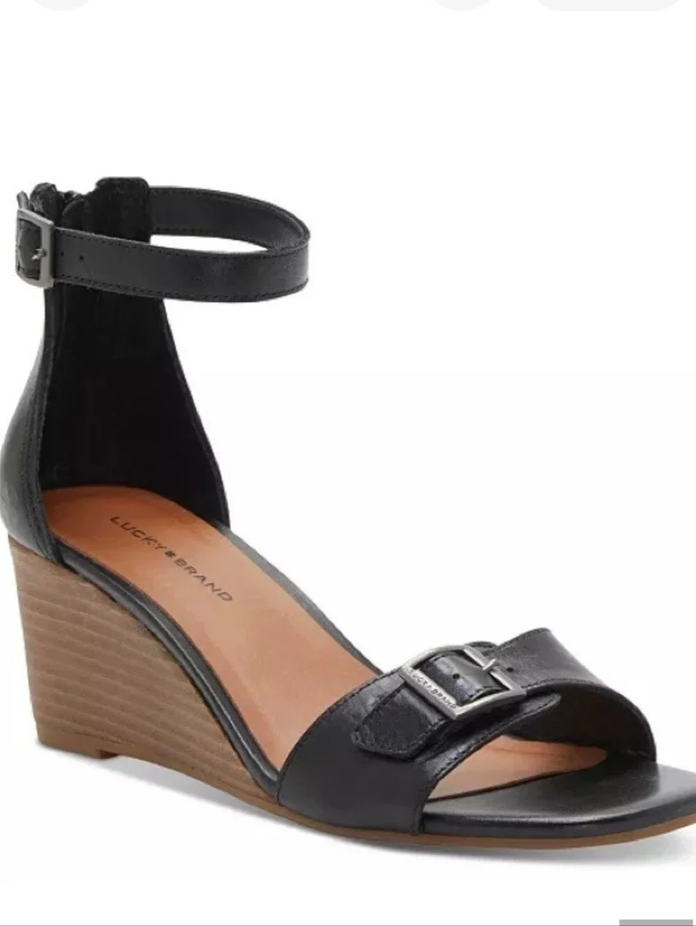 Lucky Brand Black Leather Jodella Ankle-Strap Wedge Sandals with Buckle 7.5 med